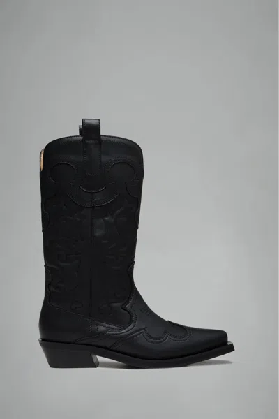 Ganni Mid Shaft Embroidered Western Boot In Black
