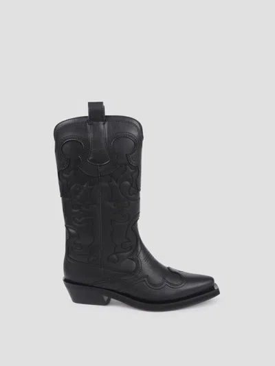 Ganni Mid Shaft Embroidered Western Boot In Black