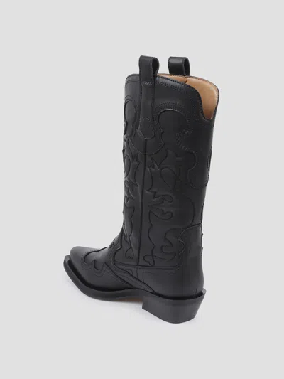 Ganni Mid Shaft Embroidered Western Boot In Black/black