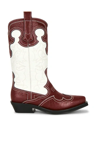 Ganni Mid Shaft Embroidered Western Boot In Brick Red