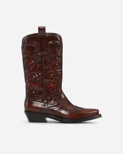 Ganni Mid Shaft Embroidered Western Boot Brushed | Brown | Size: