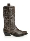 Ganni Mid Shaft Embroidered Western Boot Oleatex Boots Black In Black