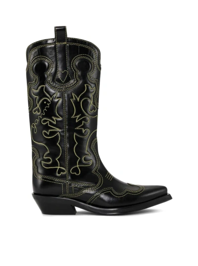 Ganni Mid Shaft Embroidered Western Boot Yellow St In Black