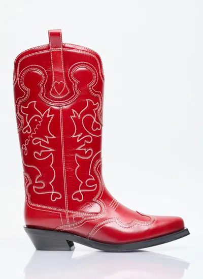 Ganni Mid Shaft Embroidered Western Boots In Red