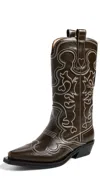 Ganni Mid Shaft Embroidered Western Boots Dark Olive/egret