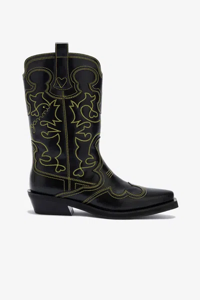 Ganni Mid Shaft Embroidered Western Boots - Size 42 Yellow