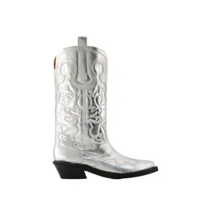 Ganni Mid Shaft Embroidered Western Boots In Silver