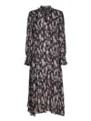 Ganni Black Floral Printed Pleated Midi Dress In Grey