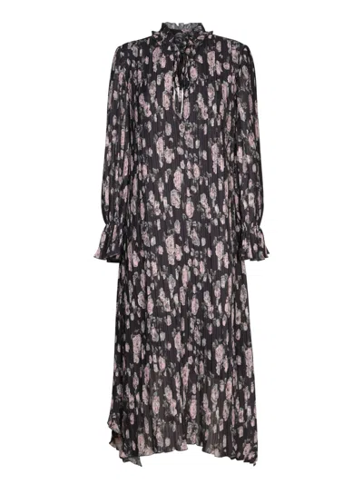 GANNI MIDI CHIFFON DRESS IN BLACK WITH FLORAL PRINT