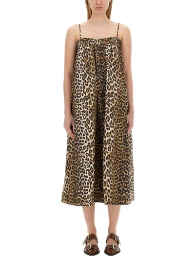Ganni Leopard-print Organic Cotton-poplin Midi Dress In Beige,black