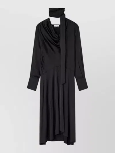 Ganni Midi Dress Scarf Detail Draped Neckline In Black