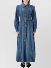Ganni Blue Long Dress With Adjustable And Removable Waist Belt In Cotton Blend Woman