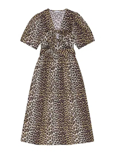 Ganni Leopard Printed Cotton Tie Strap Midi Dress In Brown