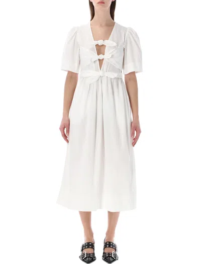 Ganni Midi Dress With Puff Sleeves And Tie Detail In White