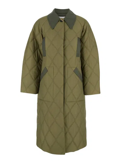 GANNI MIDI GREEN QUILTED COAT IN RECYCLED FABRIC WOMAN