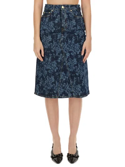 Ganni Floral-print Denim Skirt In 566 Mid Blue