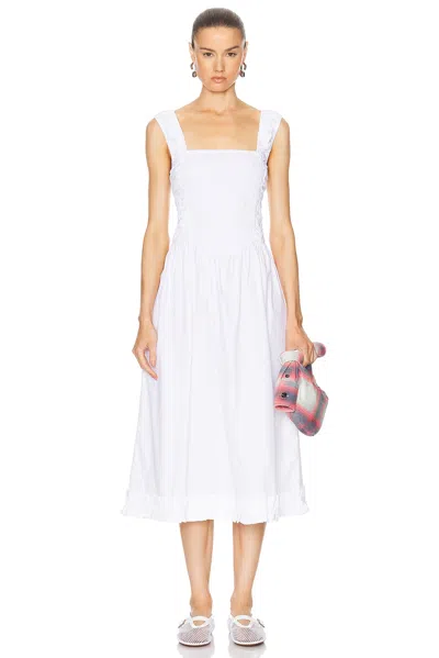 Ganni Cotton Poplin Midi Strap Smock Dress Bright White