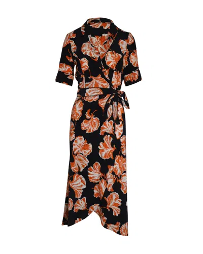 Ganni Midi Wrap Dress In Black And Orange Silk In Multi