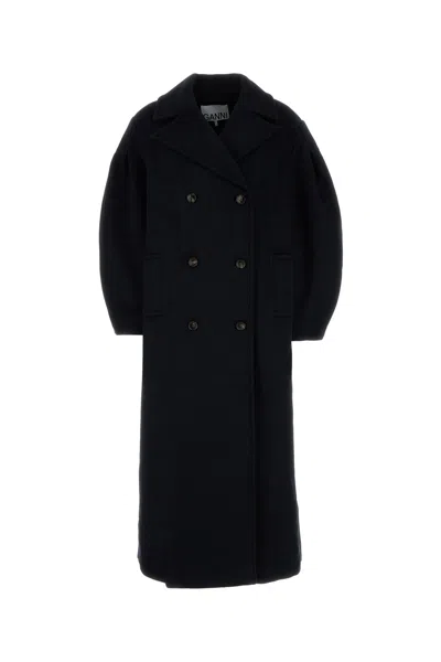 Ganni Double-breasted Wool-blend Peacoat In Black