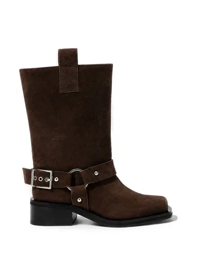 Ganni Mid-shaft Biker Boot In Brown Suede