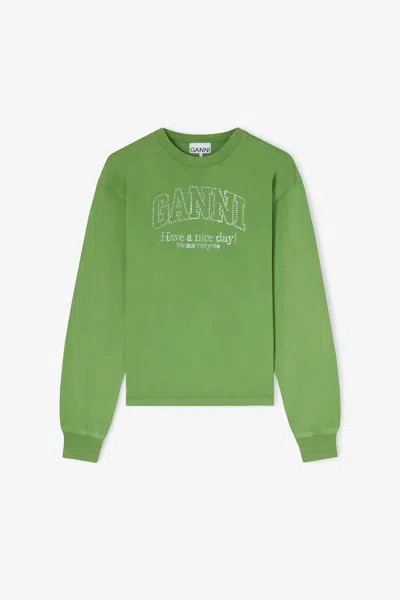 Ganni Embellished Long-sleeves Sweatshirt In Green