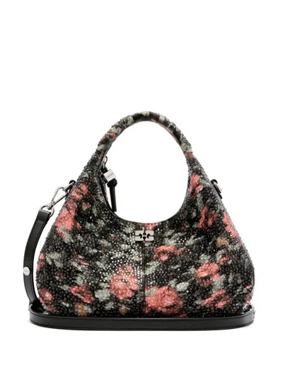 Ganni Mini Beaded Floral-print Tote Bag In Black