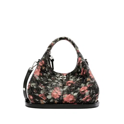 Ganni Mini Beaded Floral-print Tote Bag In Black