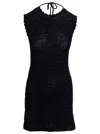GANNI MINI BLACK BACKLESS DRESS WITH LOGO EMBROIDERY IN CROCHET WOMAN