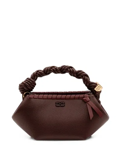 Ganni Mini Recycled Leather Handbag With Butterfly Logo And Braided Handle In Brown