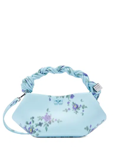 Ganni Womens Iced Aqua Bou Mini Floral-print Leather-blend Top-handle Bag In Blue