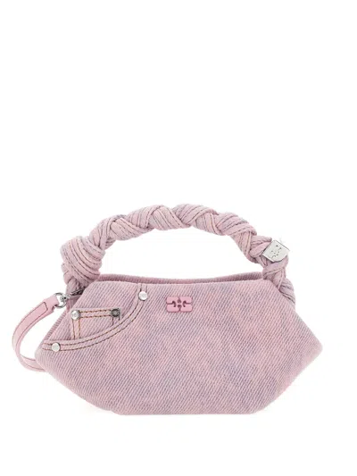 Ganni Bou Pink Mini Handbag With Braided Top Handle And Adjustable And Removable Shoulder Strap In Denim W