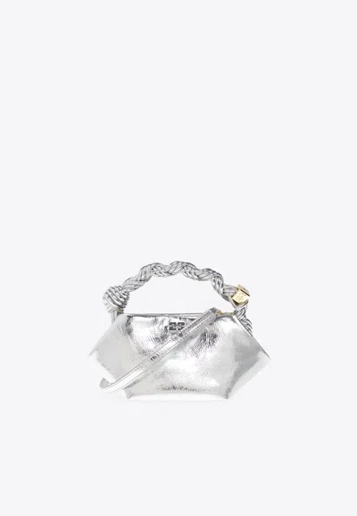Ganni Mini Bou Metallic Top Handle Bag In Silver