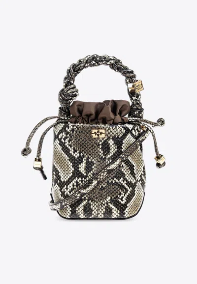 Ganni Mini Bou Snakeskin Print Bucket Bag In Brown