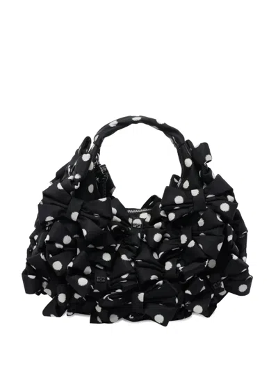 Ganni Women Mini Bow Satin Polka Dots Print Hobo Bag In Black