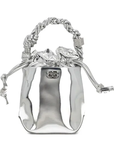 Ganni Mini Braided-handle Logo Bucket Bag In Silver