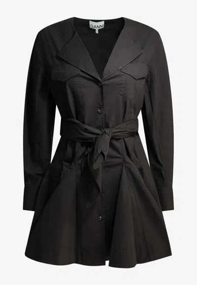 Ganni Belted Stretch Cotton Mini Dress In Black