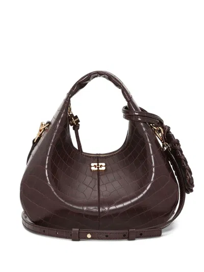 Ganni Mini Croc-embossed Leather Tote Bag In Brown