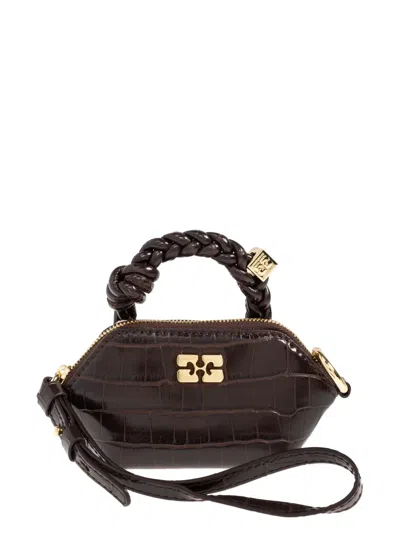 Ganni Mini Crocodile-embossed Tote Bag In Brown