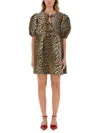 Ganni Printed Tie String Poplin Mini Dress In Brown