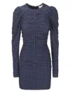 Ganni Ruched Long-sleeve Seersucker Mini Dress In Deep Cobalt