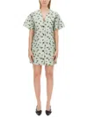Ganni Grey Floral Printed Organza Jacquard Mini Dress In Green