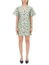 Ganni Grey Floral Printed Organza Jacquard Mini Dress In Green