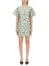Ganni Grey Floral Printed Organza Jacquard Mini Dress In Green