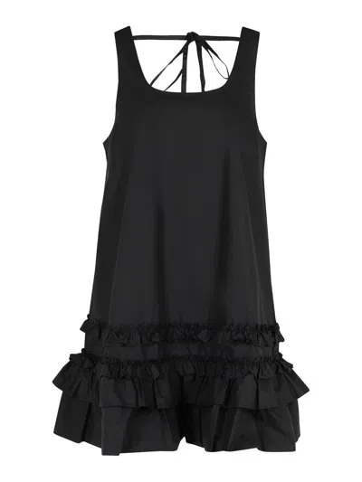 Ganni Ruffle Sleeveless Square Neck Mini Dress In Black