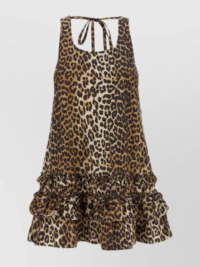 Ganni Mini Dress In Leopard Print Cotton Poplin In Animal Print