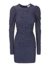 Ganni Ruched Long-sleeve Seersucker Mini Dress In Blue