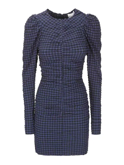 Ganni Checkered Seersucker O-neck Mini Dress In Blue