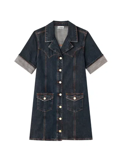 Ganni Mini Dress In Textured Denim In Blue