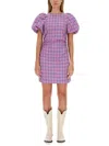 Ganni Checked Cotton-blend Minidress In Gold