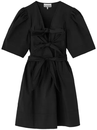 Ganni Belted Bow-embellished Stretch-cotton Poplin Midi Dress In Black